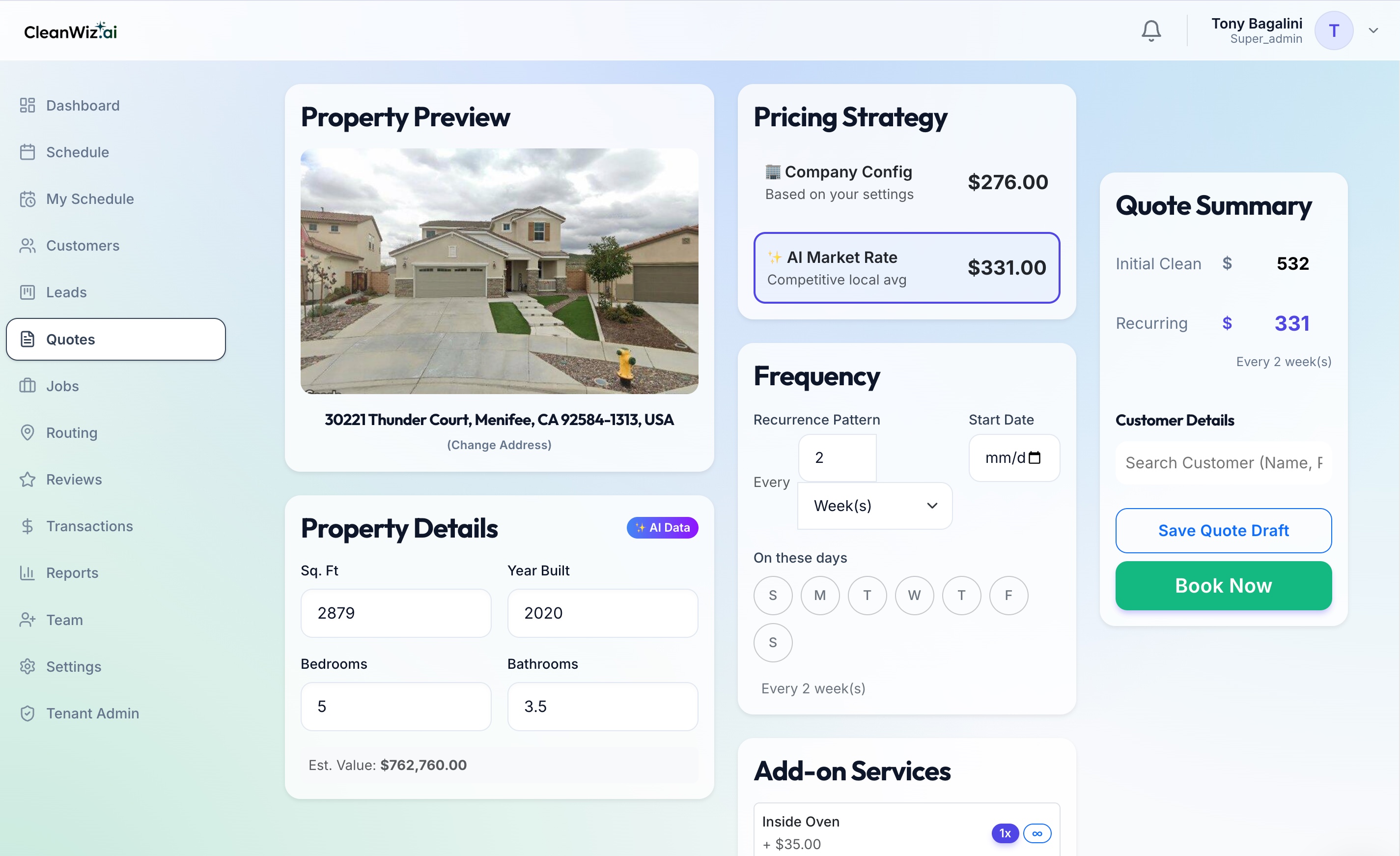 CleanWiz.ai Quote Engine Dashboard